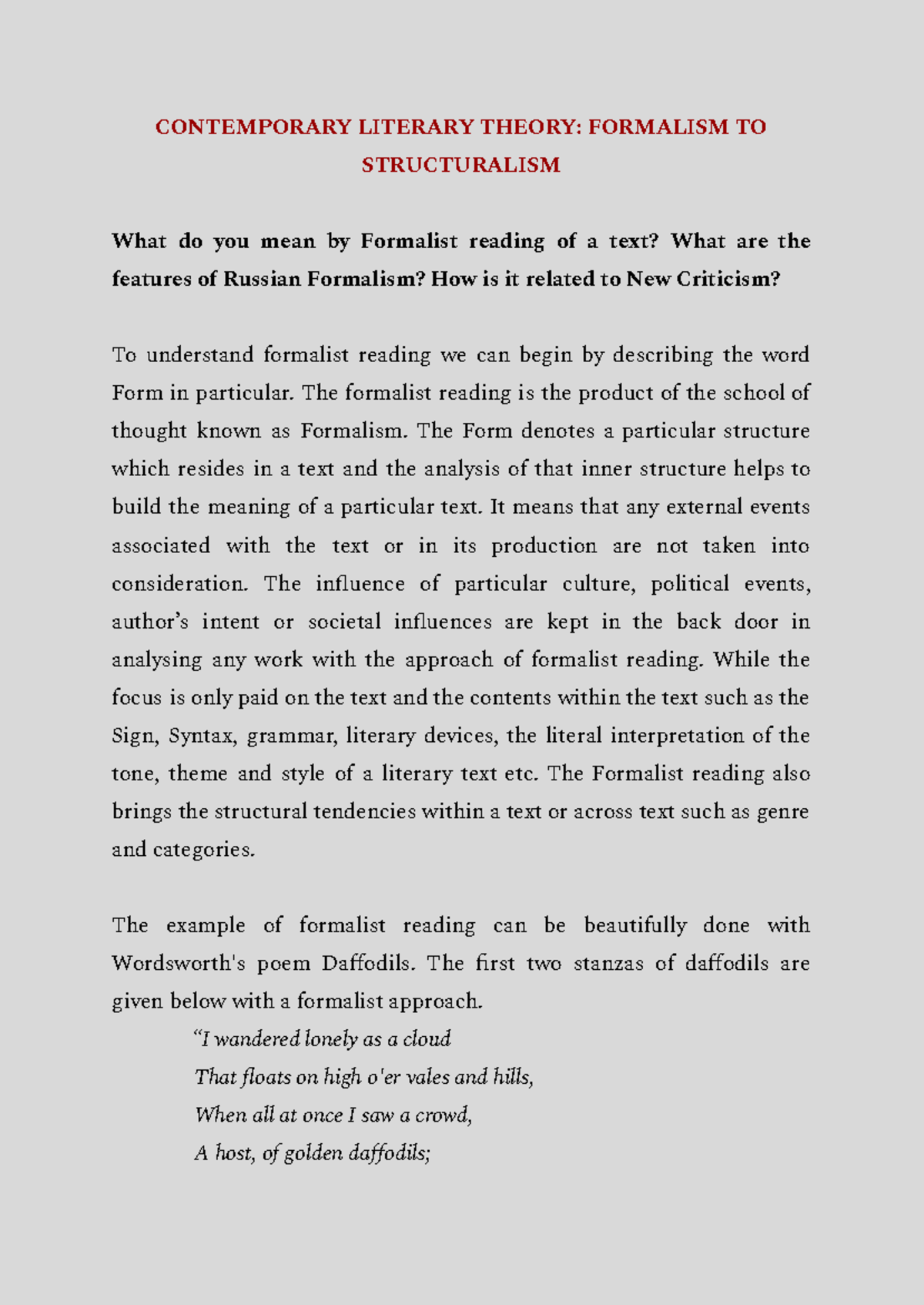 Contemporary Literary Theory: Formalism TO Structuralism - English  Literature - AMU - Studocu