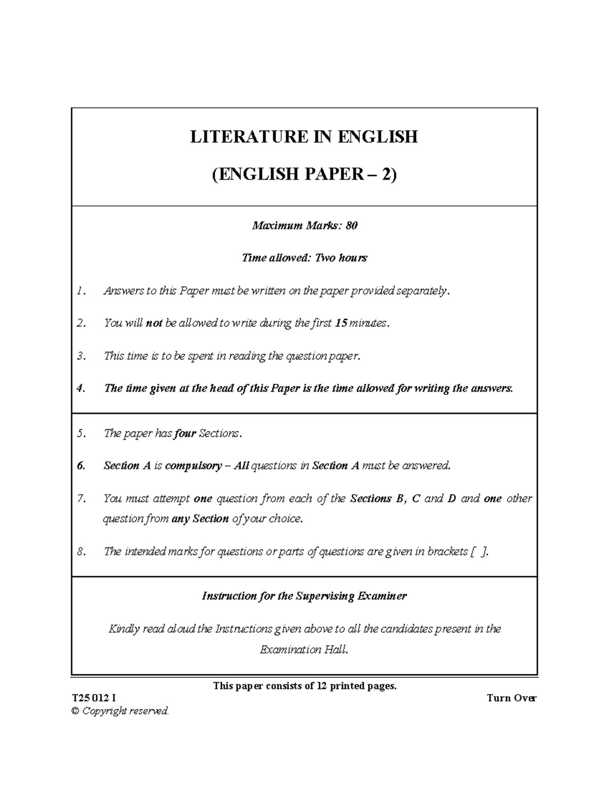 ICSE 2025 Improvement - ENG2 Literature Paper 2 Exam Instructions - Studocu