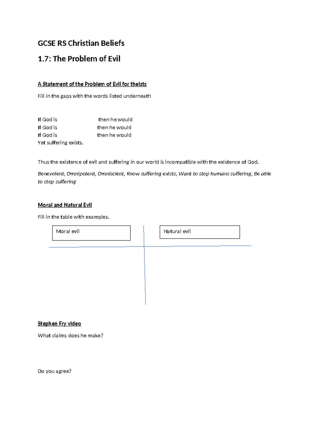 GCSE RS 1.7: The Problem of Evil Worksheet - Studocu