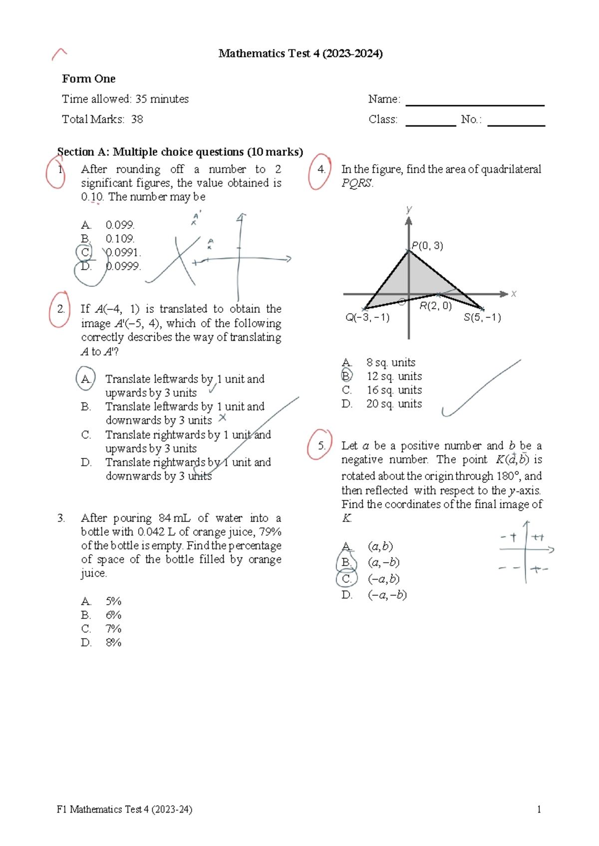 F1 Mathematics Test 4 (23-24) - Multiple Choice & Short Questions - Studocu