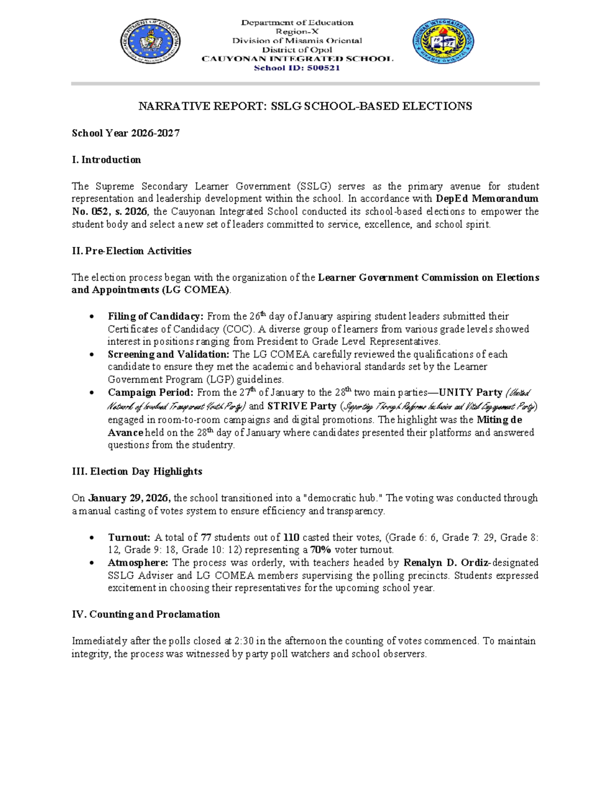 Narrative Report on SSLG Elections SY 2026: A Student Leadership ...