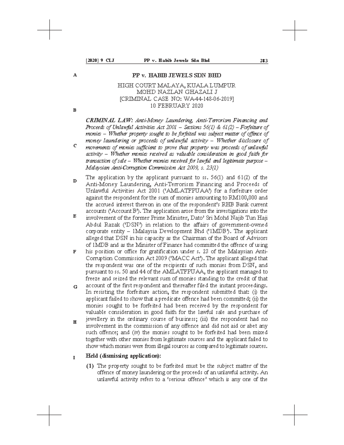 PP v. Habib Jewels Sdn Bhd: Forfeiture Order Under AMLATFPUAA - Studocu