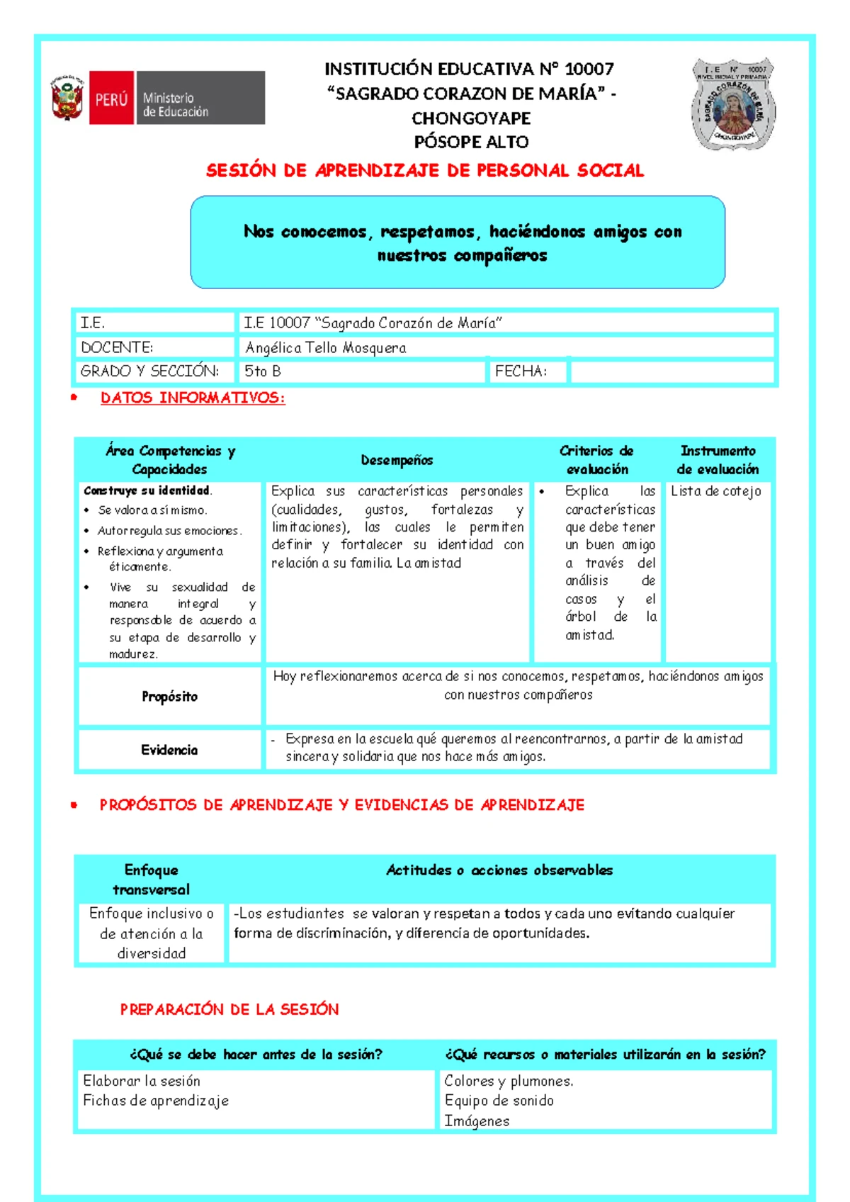 Aprendizaje de Convivencia Armoniosa - Personal Social 5TO GRADO - Studocu