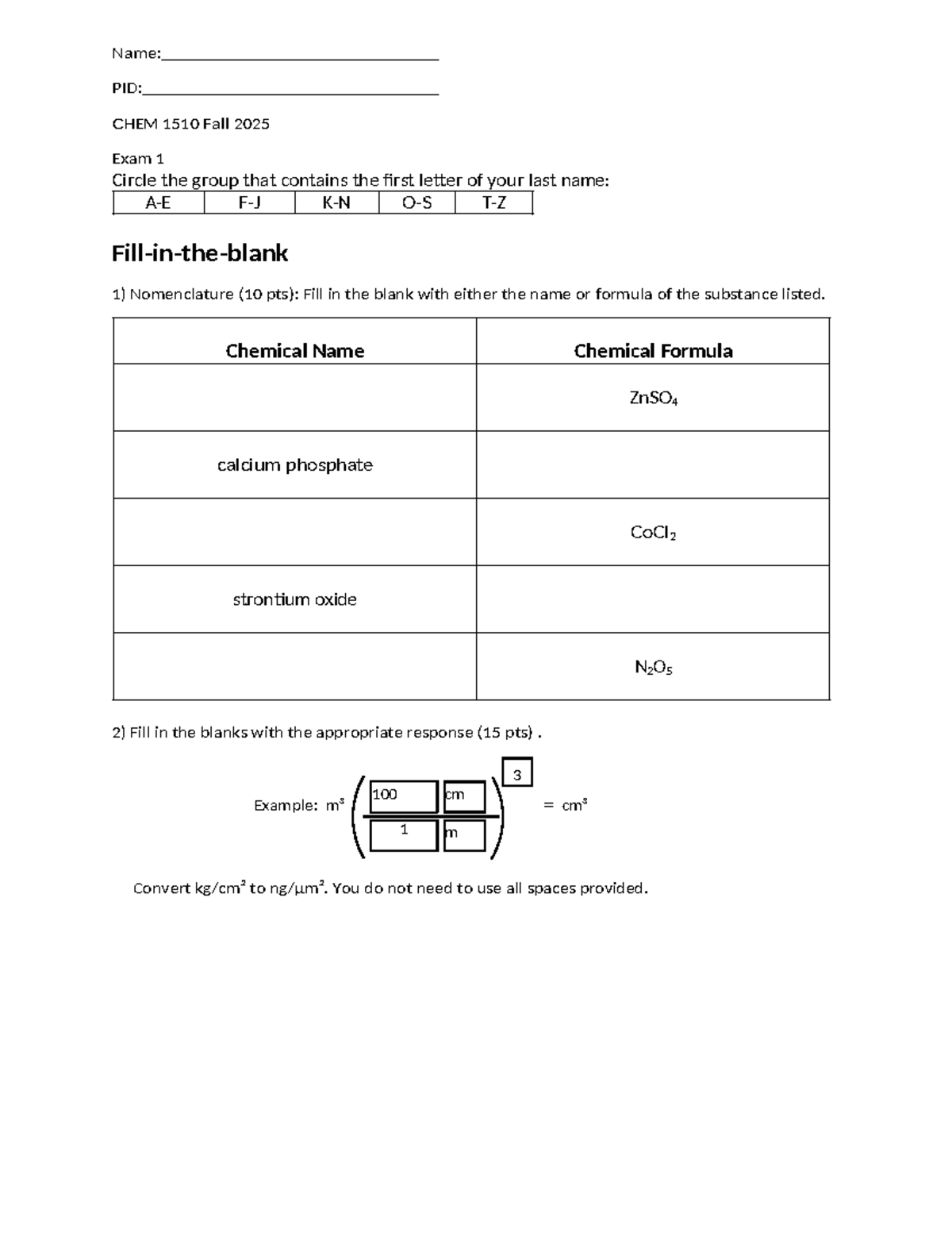 CHEM 1510 Fall 2025 Exam 1 Study Guide and Key - Studocu