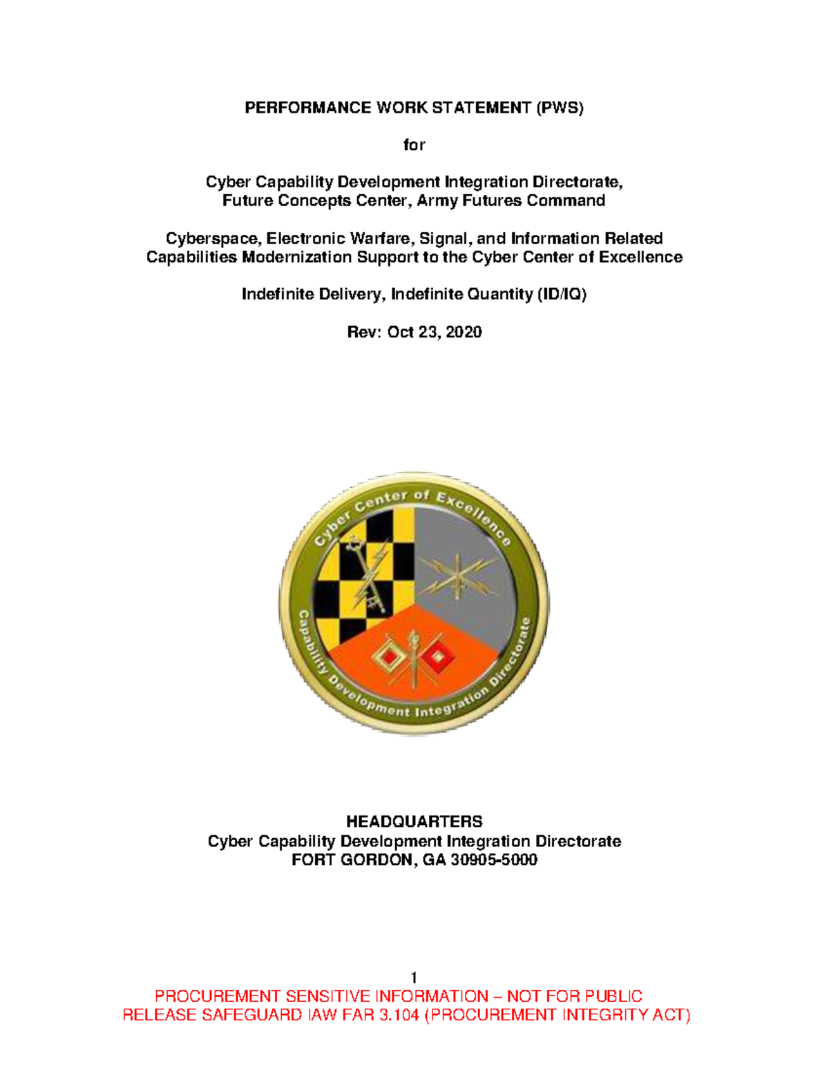 Cyber CDID ID-IQ PWS RFP: Performance Work Statement Overview - Studocu