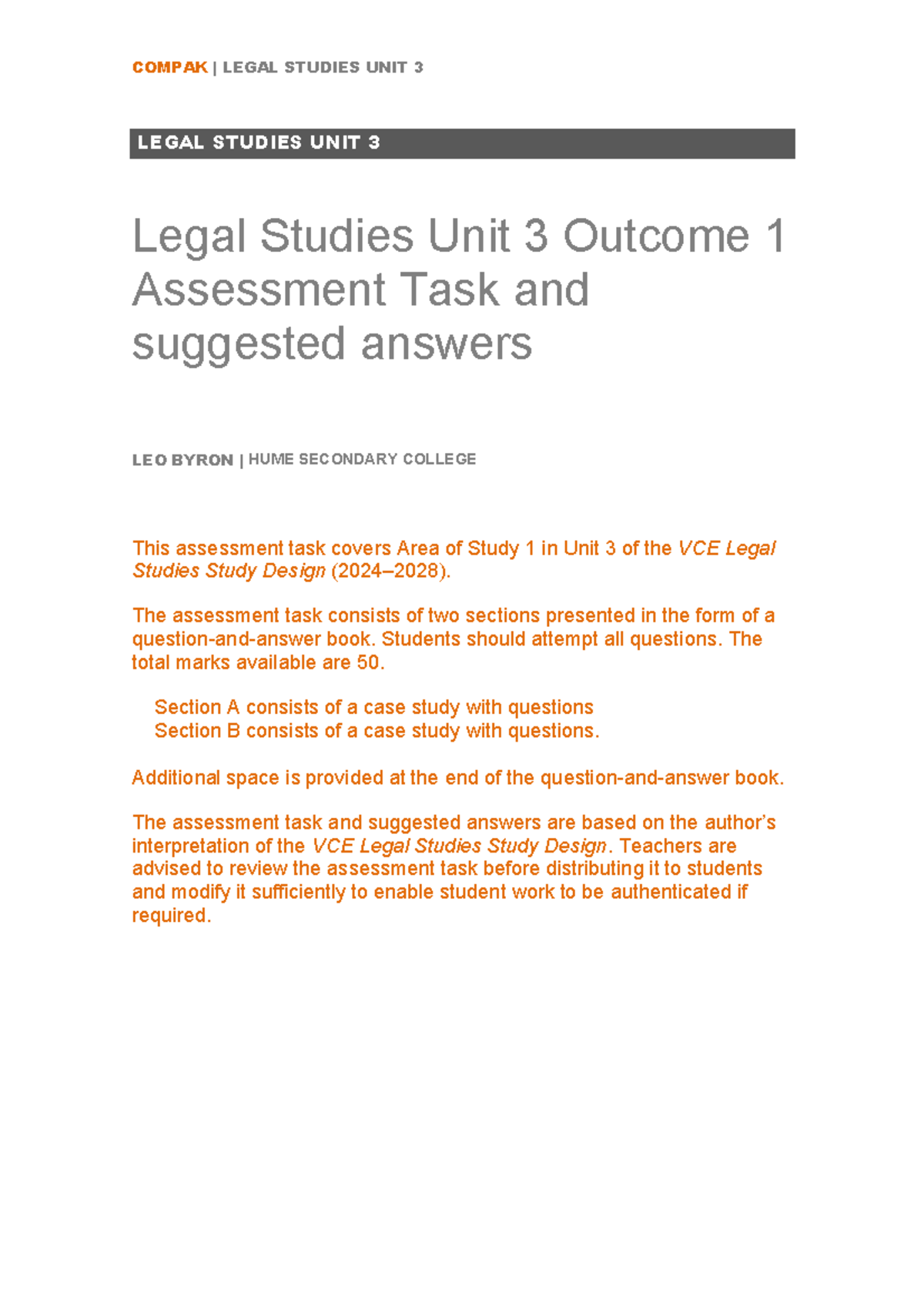 Compak Legal Studies Unit 3 AOS 1 Assessment Task & Answers - Studocu