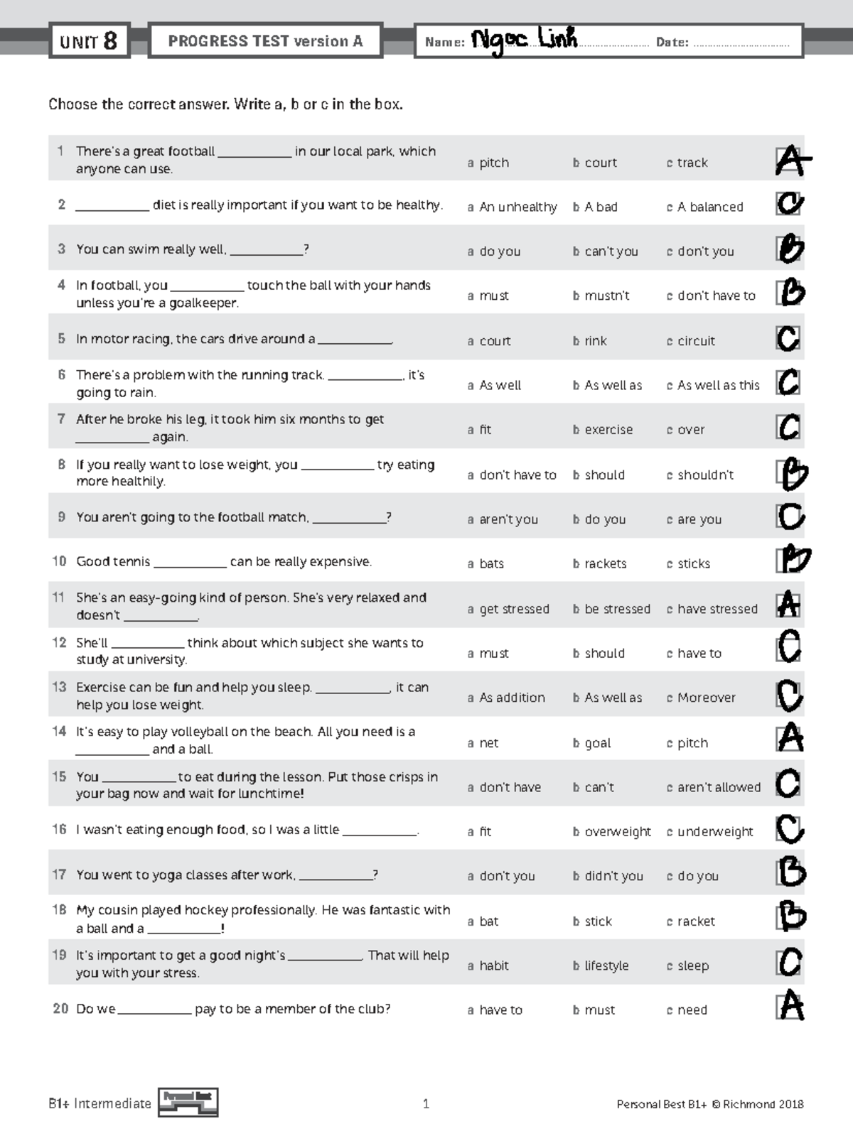 PB Br E B1+ Unit 8 Progress Test Version A - Studocu