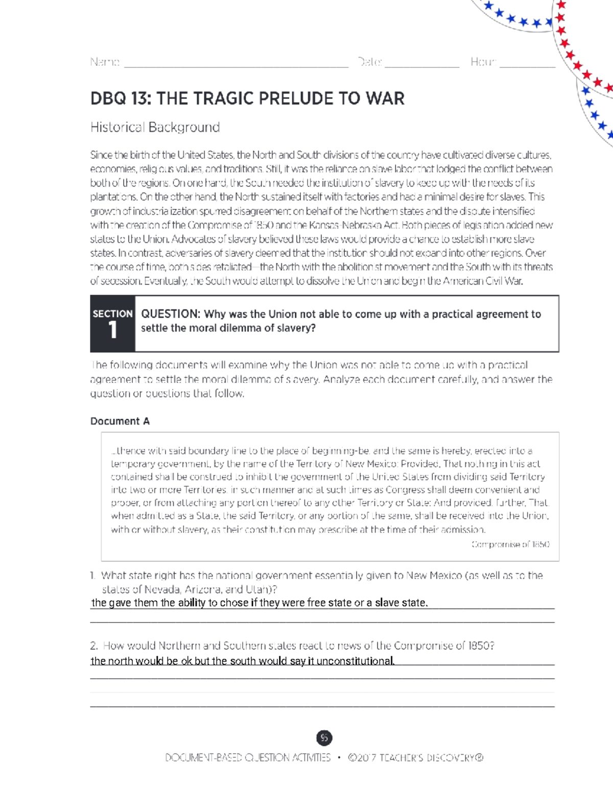 DBQ 13: The Prelude to Civil War and the Slavery Dilemma - Studocu