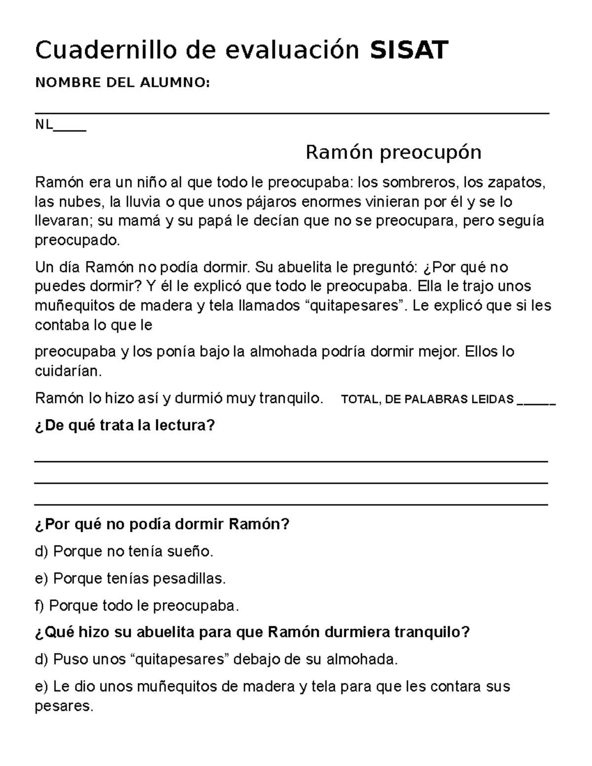 Cuadernillo de Evaluación SISAT: Actividad sobre Ramón Preocupón - Studocu