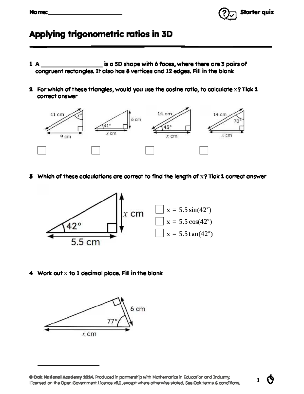 Starter quiz: Applying trigonometric ratios in 3D shapes - Studocu
