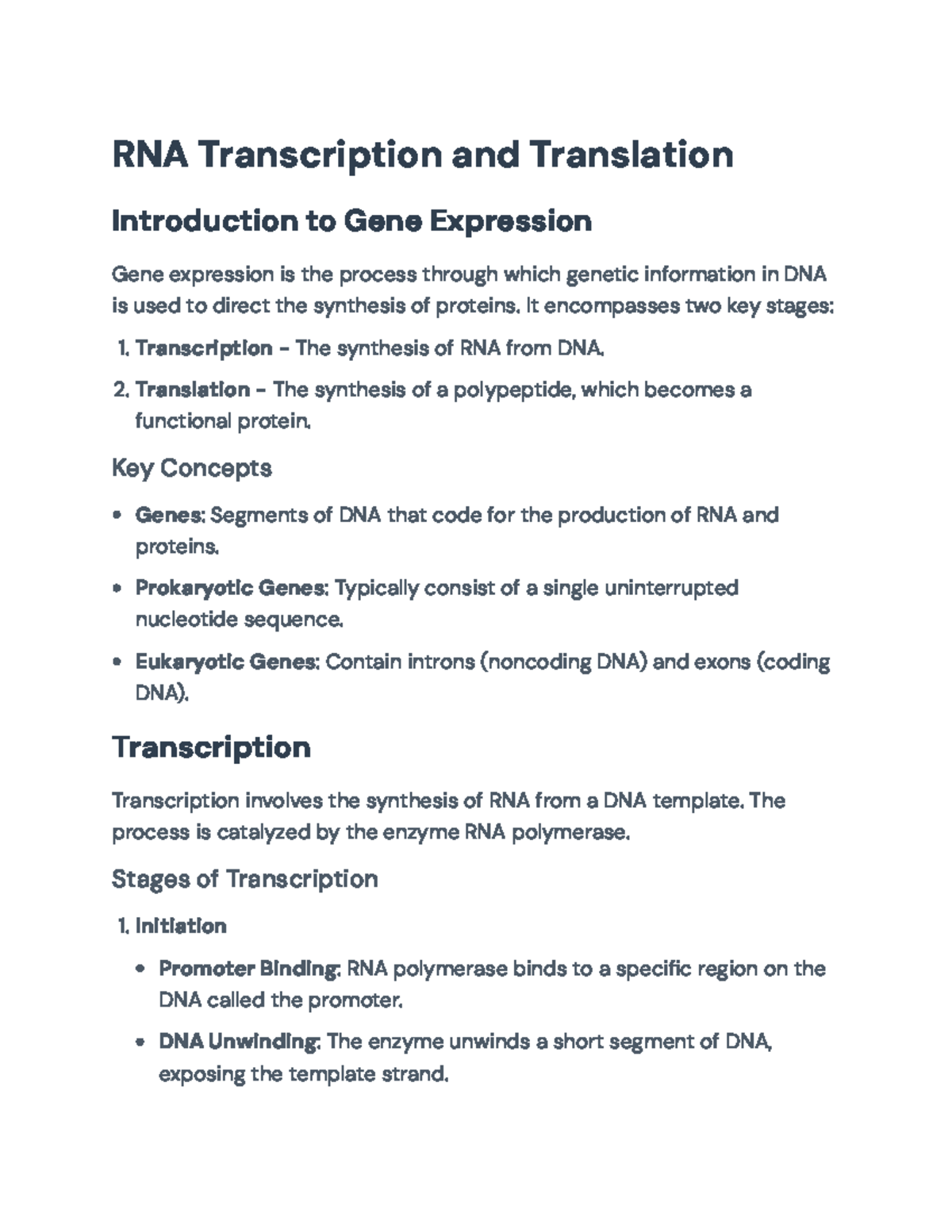 RNA Transcription and Translation: Gene Expression Essentials - Studocu