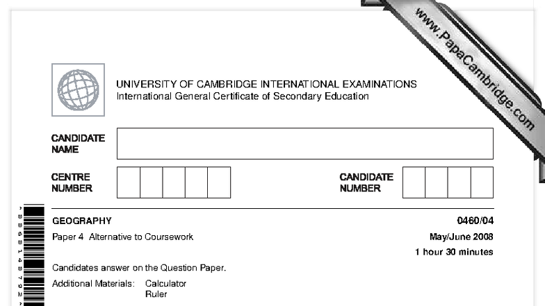 IGCSE Geography 0460/04 Alternative to Coursework Exam Paper 2008 - Studocu