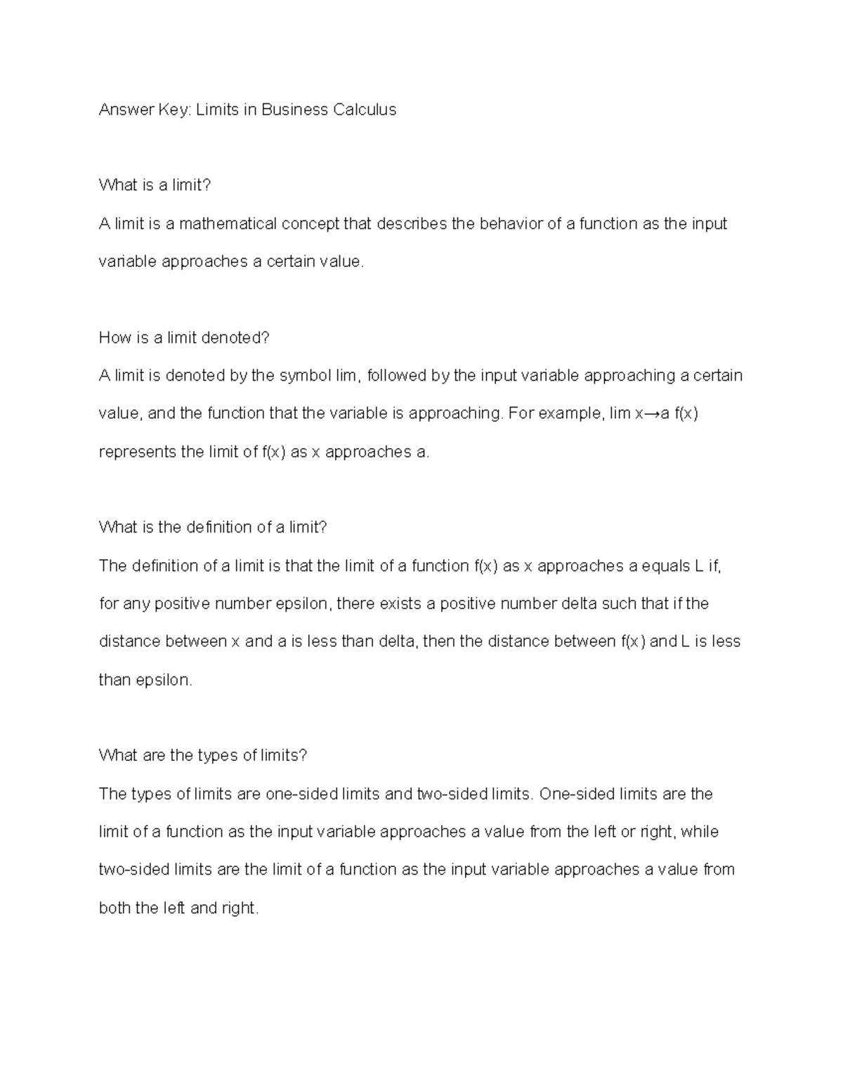 Answer Key Limits in Business Calculus - How is a limit denoted? A ...