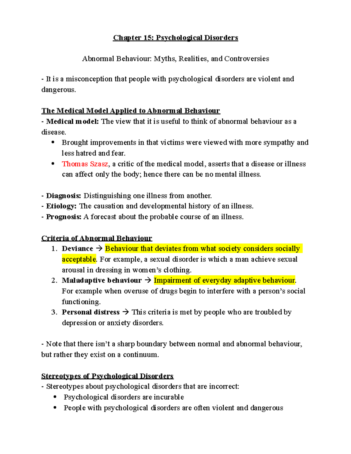 Chapter 15: Understanding Psychological Disorders and Myths - Studocu