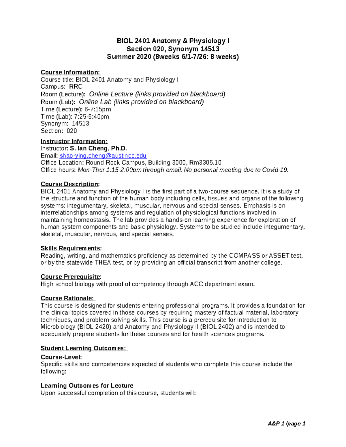 BIOL 2401 Syllabus - BIOL 2401 Anatomy & Physiology I Section 020 ...