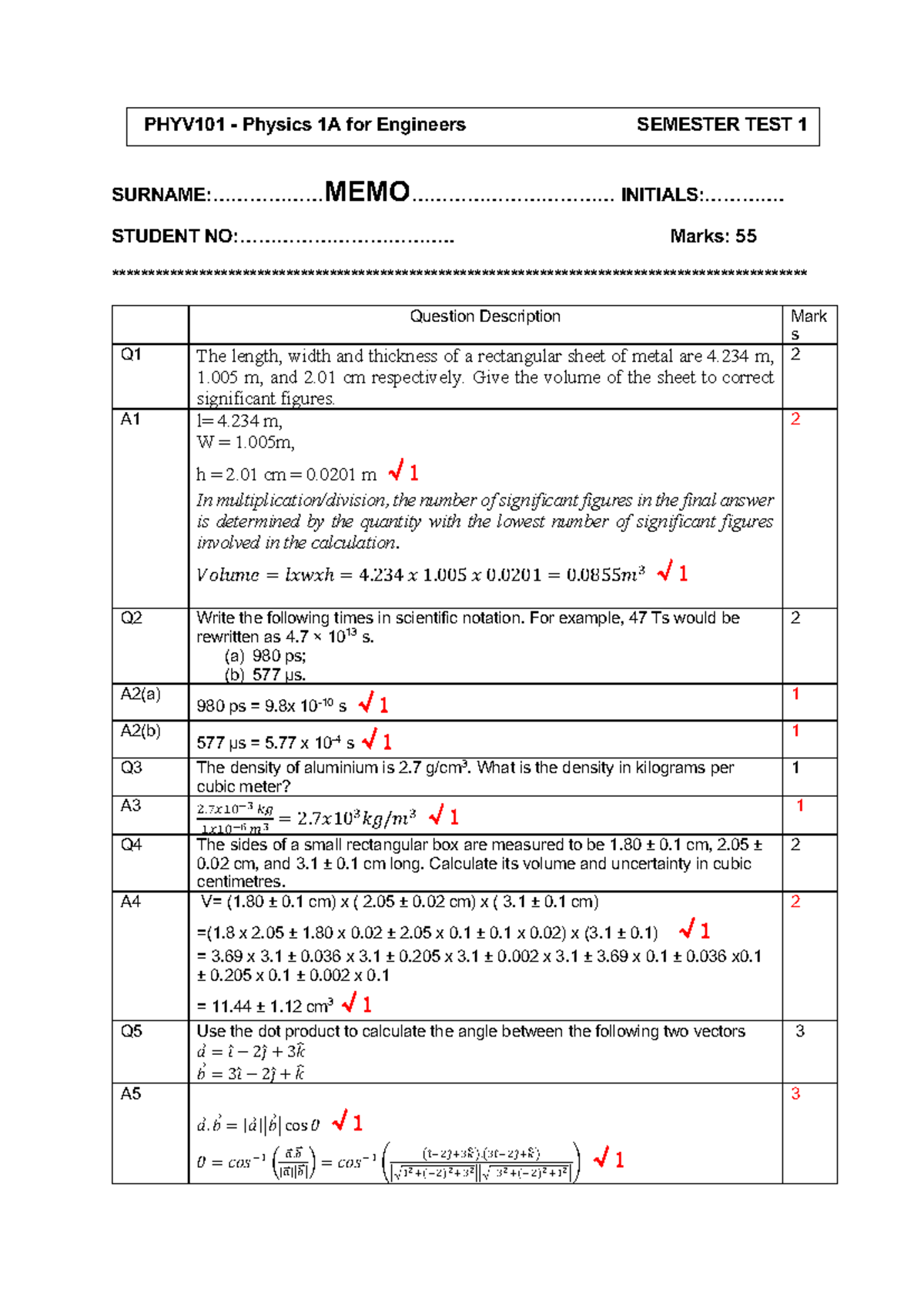 PHYV101 Physics 1A for Engineers SEMESTER TEST 1 MEMO - Studocu