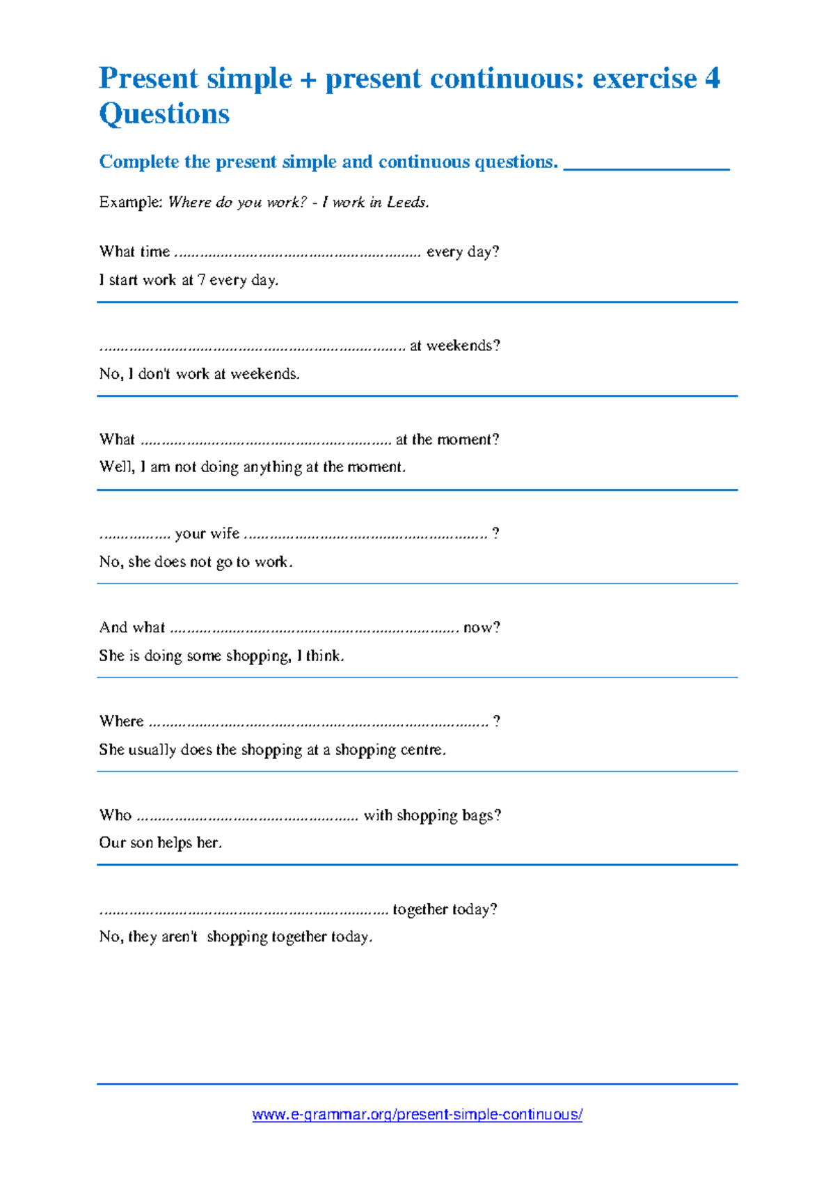 Present Simple & Continuous Exercises: Questions (ENG101) - Studocu