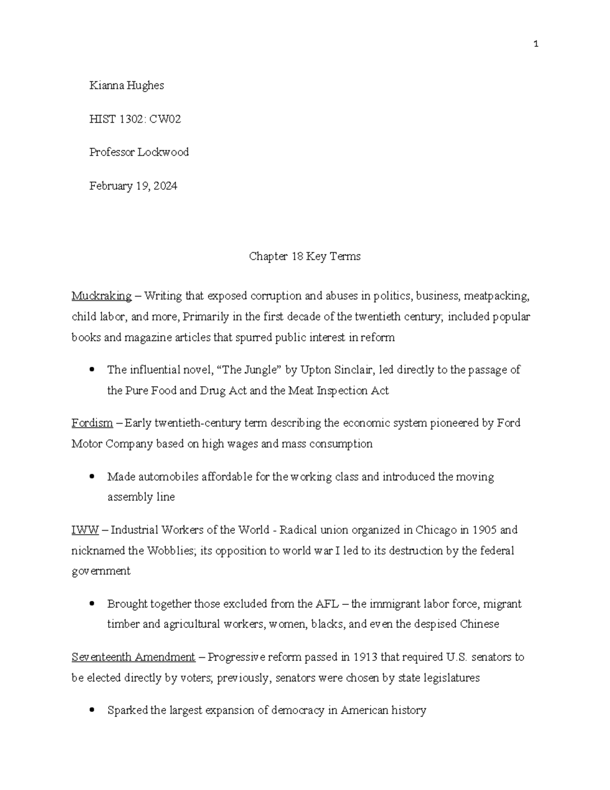 Chapter 18 Key Terms - 1 Kianna Hughes HIST 1302: CW Professor Lockwood ...