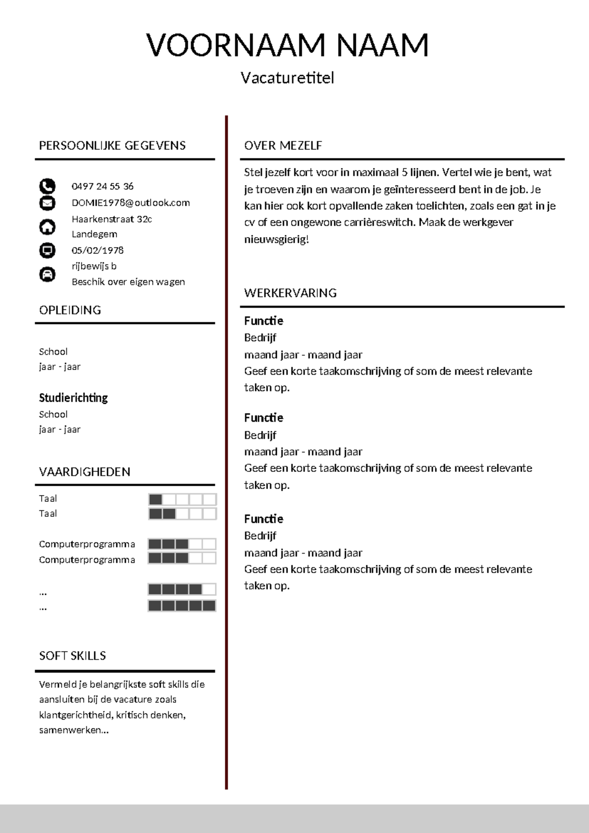 CV Template voor Vacature - Persoonlijke Gegevens en Ervaring - Studeersnel