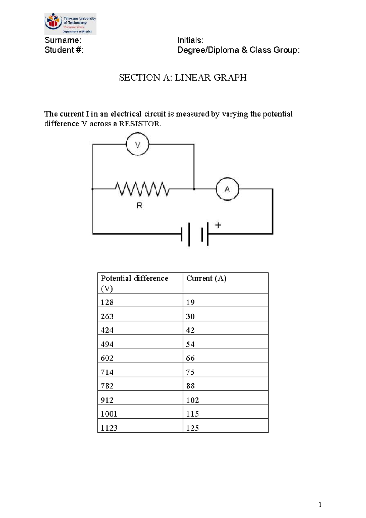Graph Assignment 2025-1: Analyzing Linear Graphs of Current vs. Voltage ...