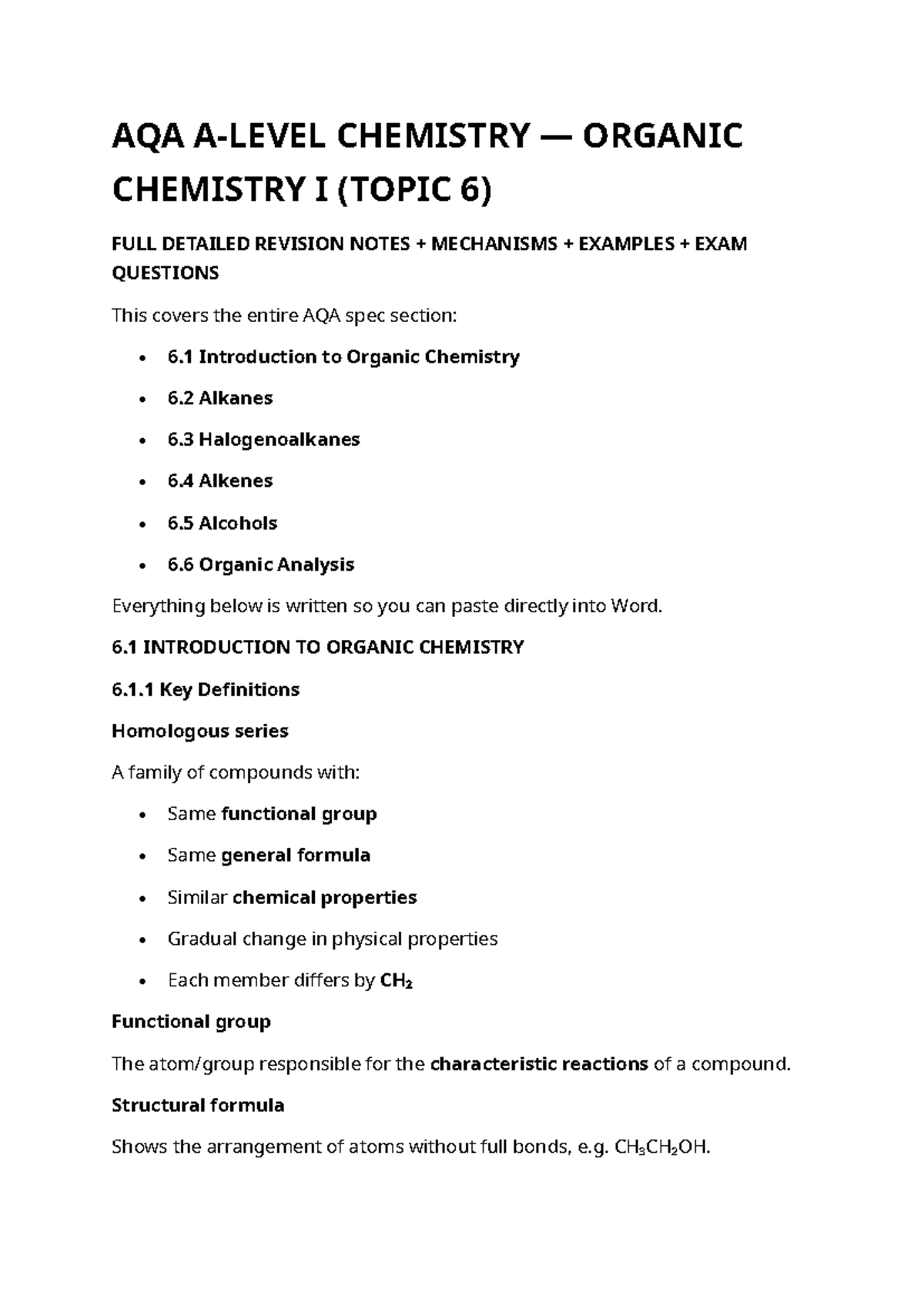 AQA A Level Chemistry: Organic Chemistry I (Topic 6) Revision Notes ...