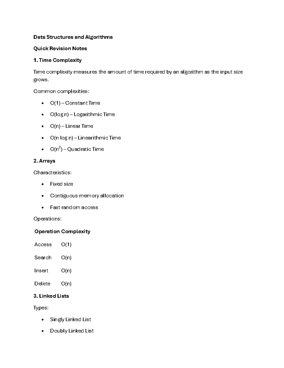 Data Structures and Algorithms Quick Revision Notes (DSA101) - Studocu