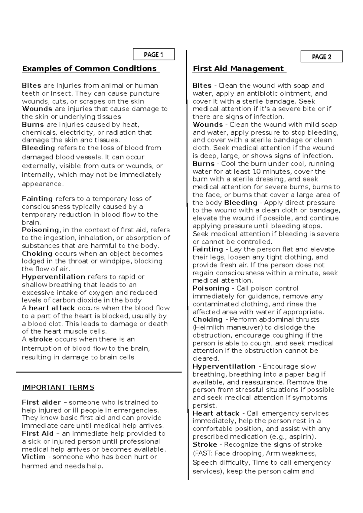 First Aid Conditions and Management: Key Examples and Strategies - Studocu