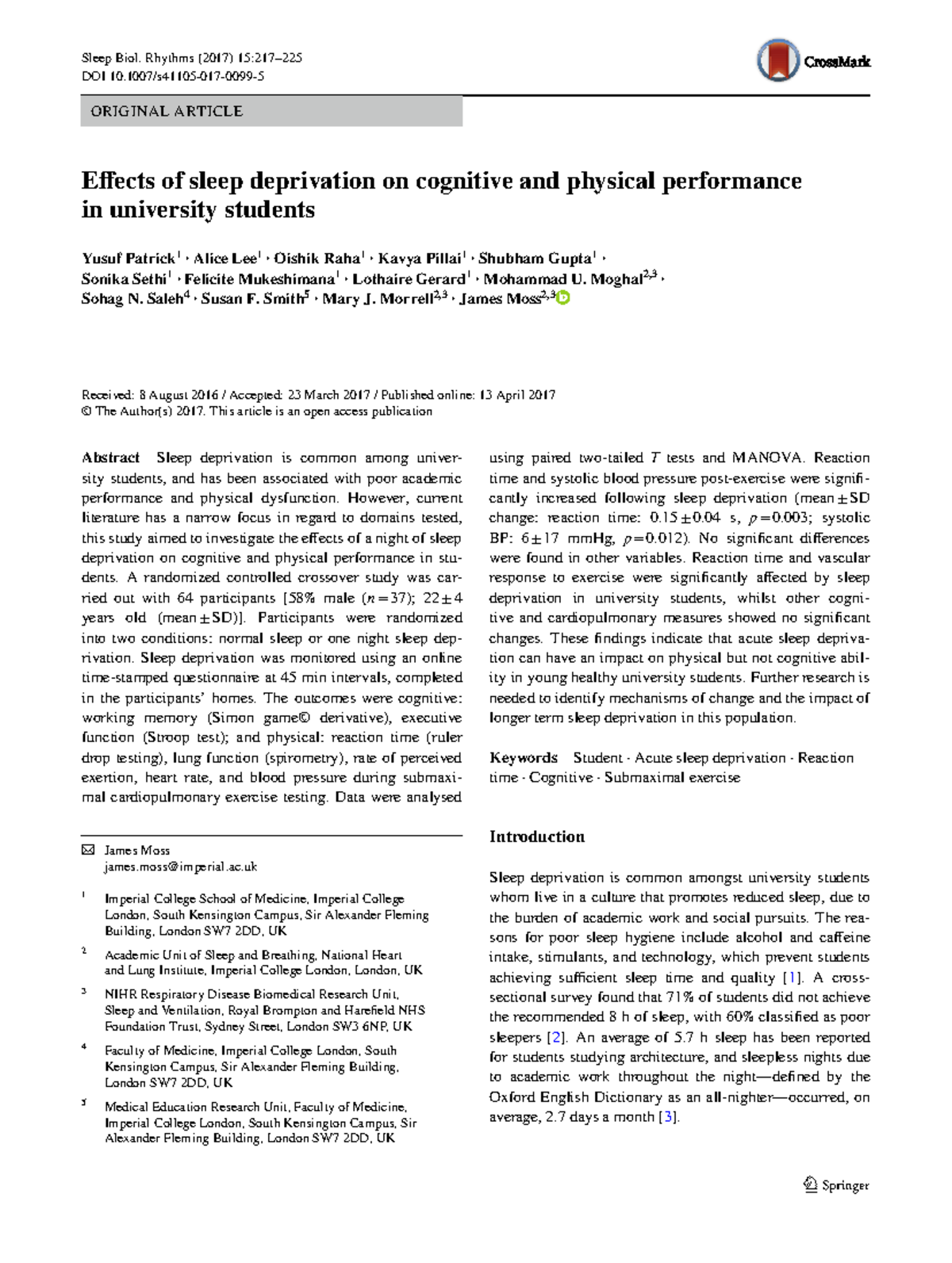 Effects of Sleep Deprivation on Cognitive & Physical Performance in Uni ...