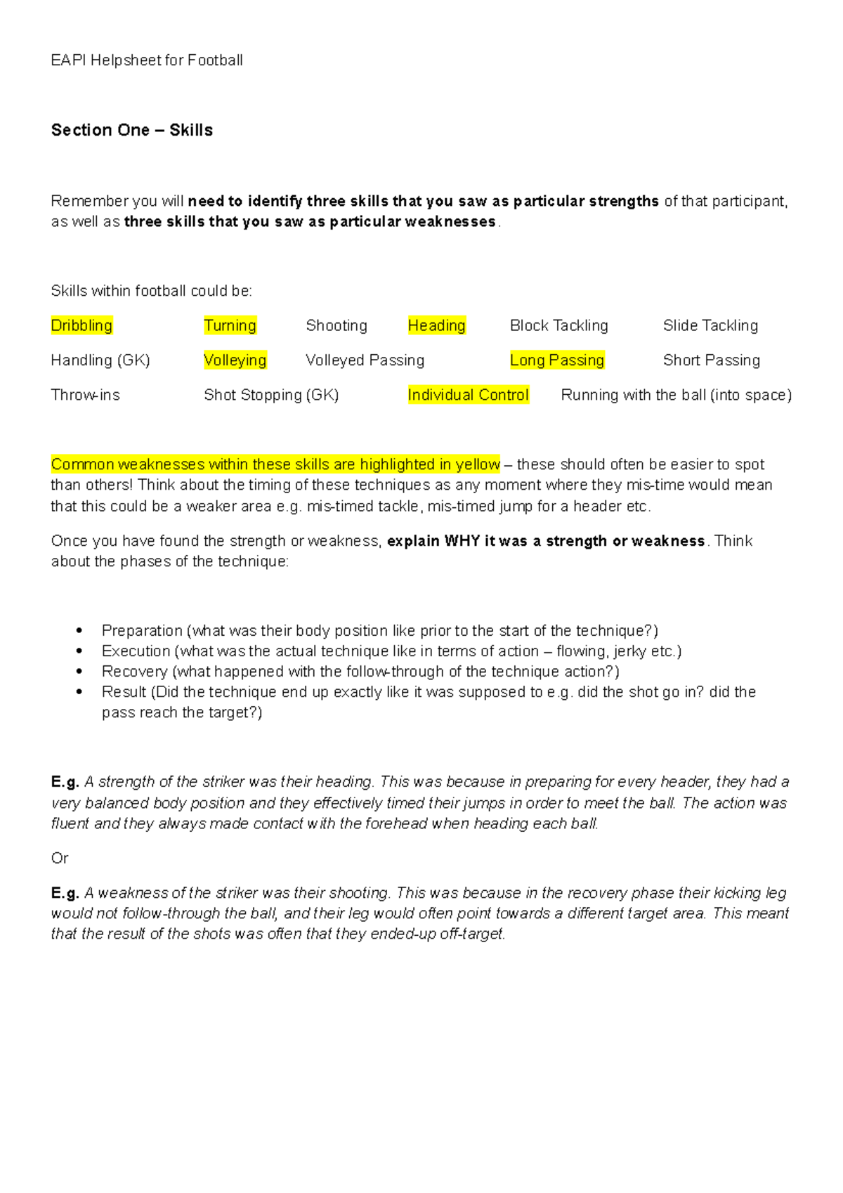 EAPI Helpsheet: Strengths and Weaknesses in Football Skills & Tactics ...