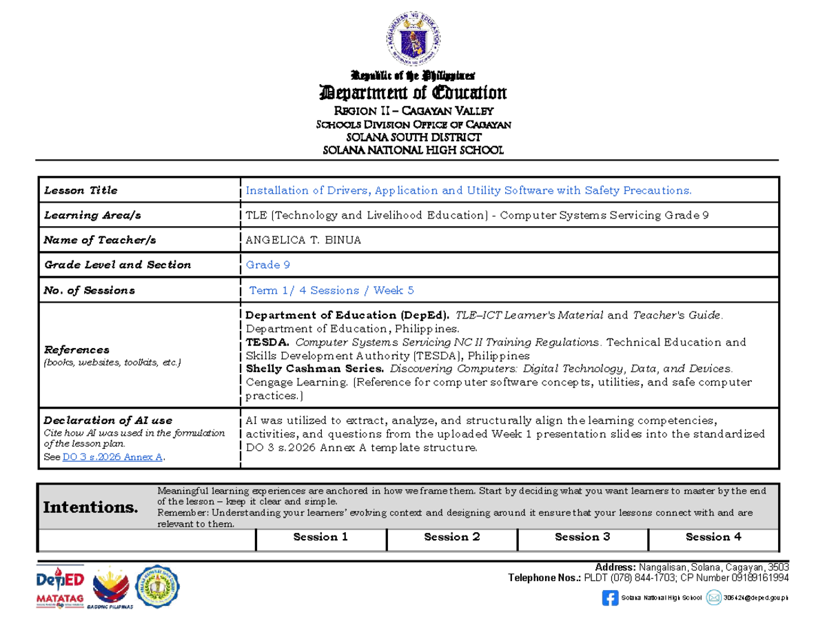 TLE Grade 9 Week 5 Lesson Plan: Installing Software & Safety ...
