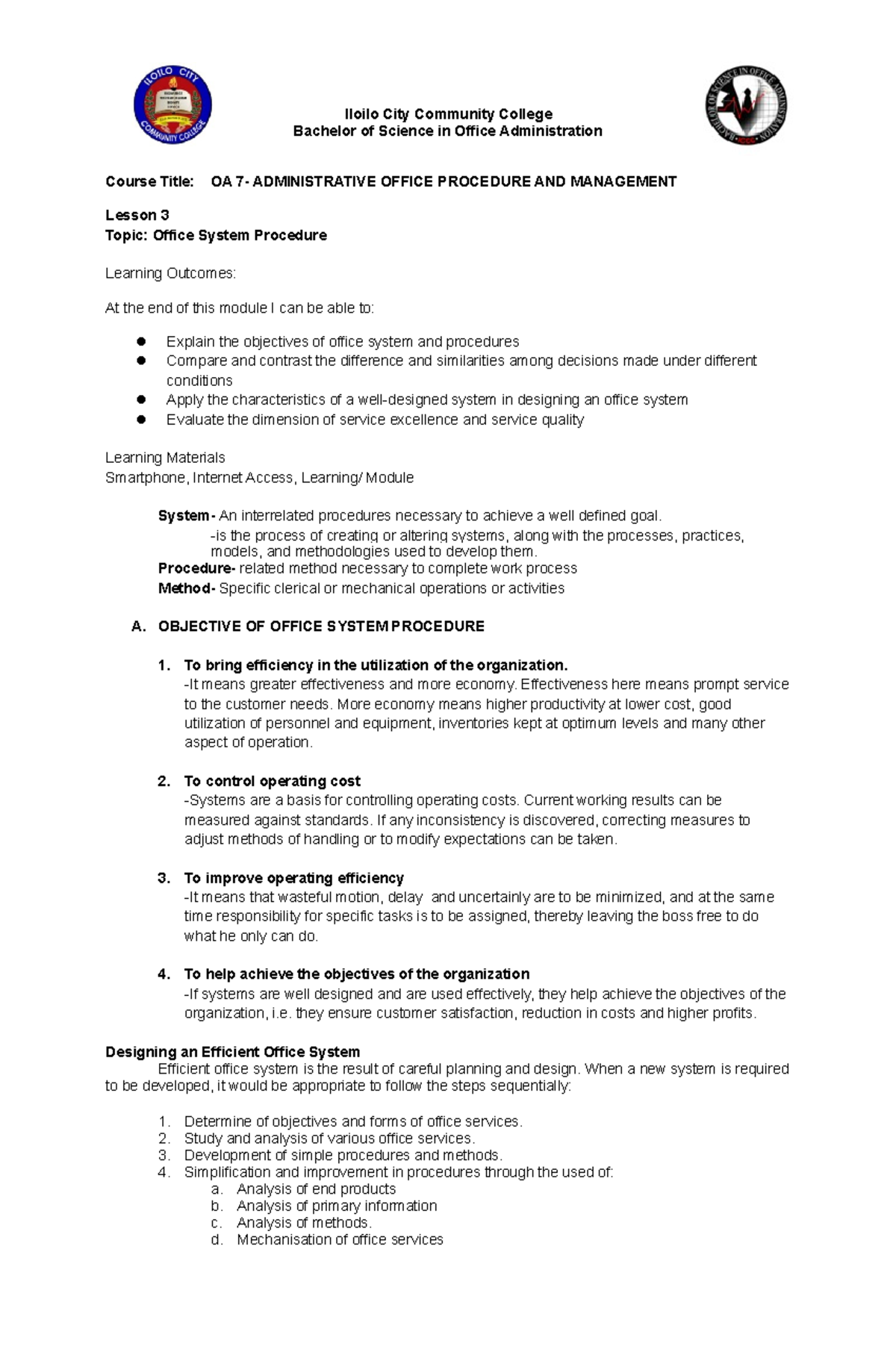 Lesson 3: Office System Procedure for OA 7 - Administrative Office ...