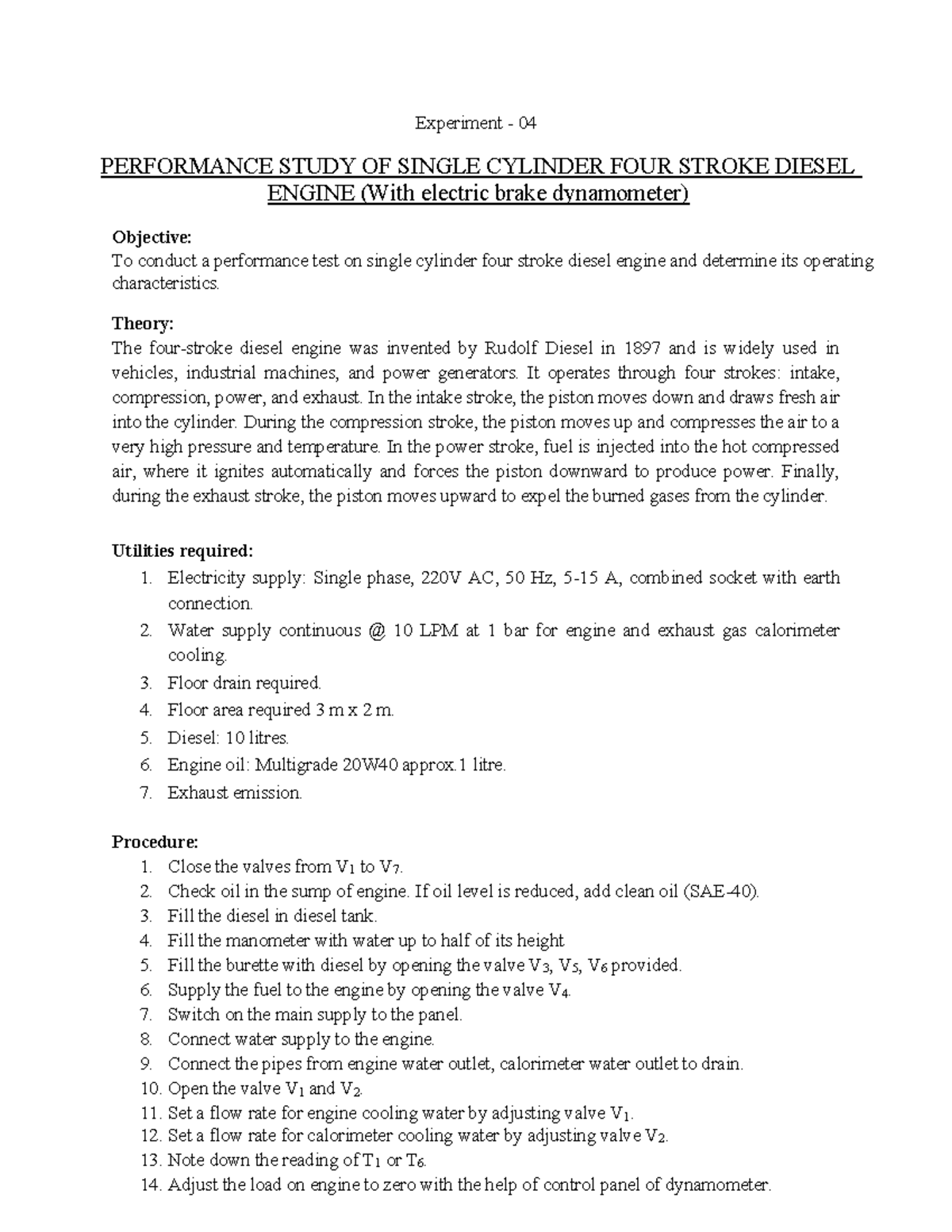Experiment 04: Performance Study of Single Cylinder Diesel Engine - Studocu