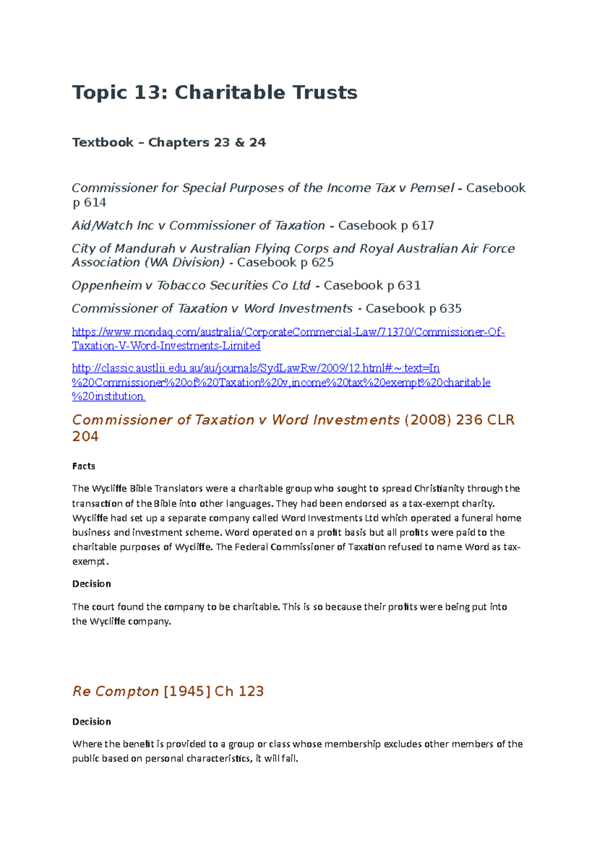 Topic 13: Understanding Charitable Trusts and Case Law Analysis