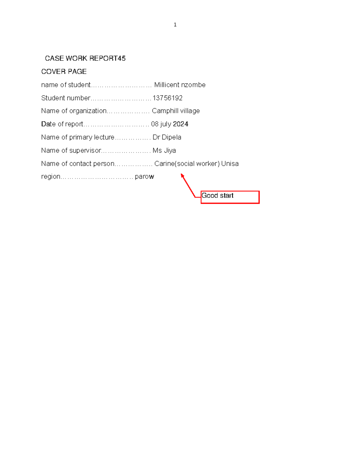 CASE WORK Marked Report 5 - CASE WORK REPORT COVER PAGE name of student