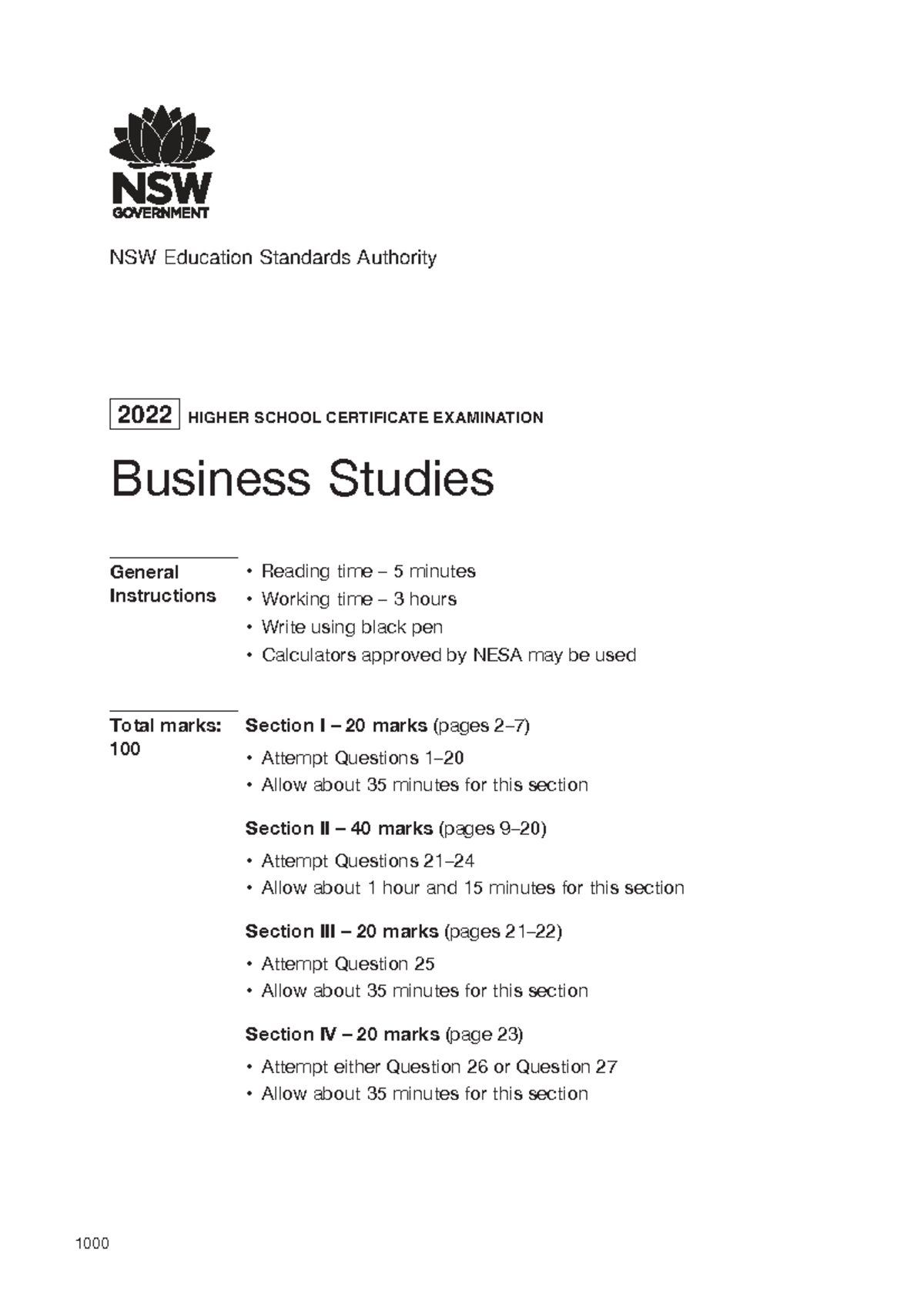 2022 HSC Business Studies Exam Instructions and Questions - Studocu