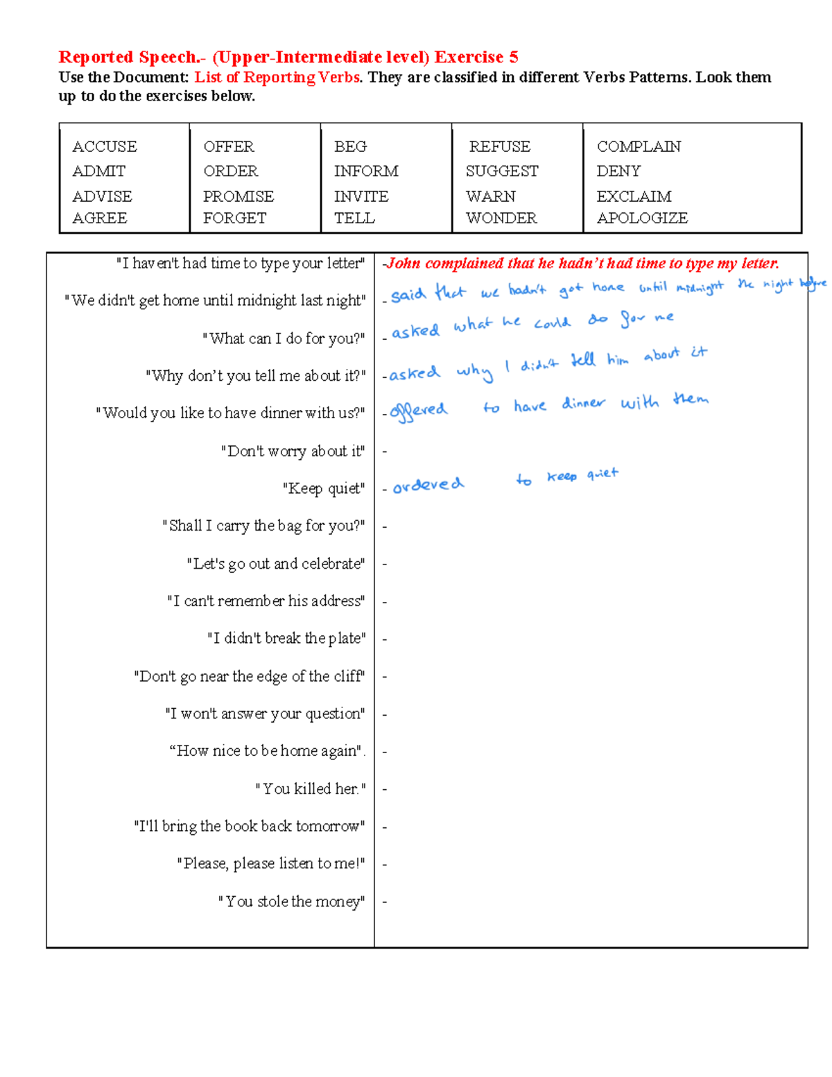 Reporting Verbs 2 - Ejercicios (Upper-Intermediate Level) - Studocu