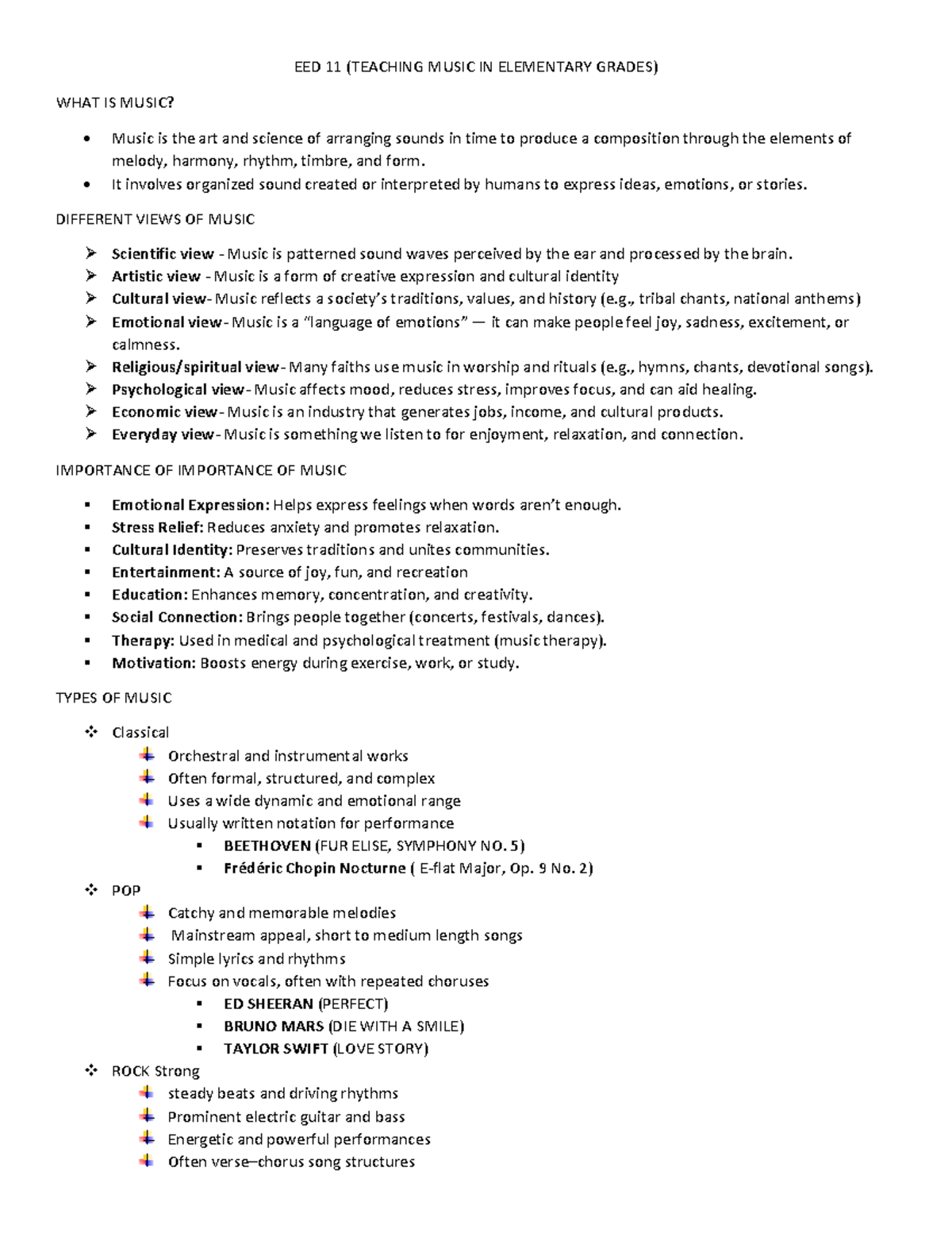 EED 11 - Teaching Music in Elementary Grades: Prelim Reviewer - Studocu