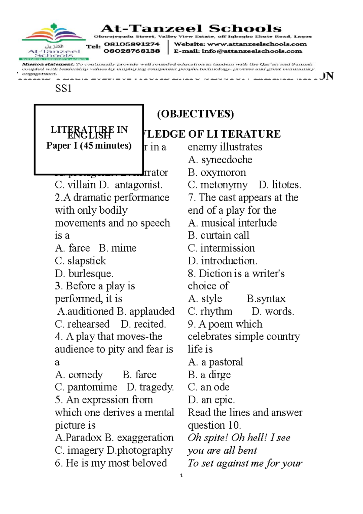 SS1 Final Exam Literature in English: Objective Questions & Answers - Studocu