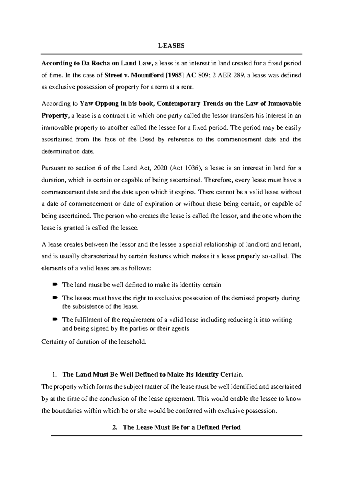 Leases - Notes on Land Law (LAW 101) - Studocu