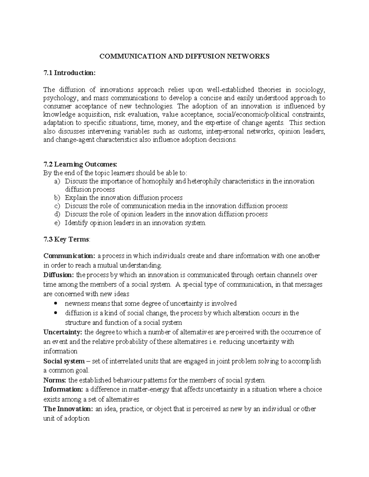 COMM 101: Lecture Notes on Communication & Diffusion Networks - Studocu