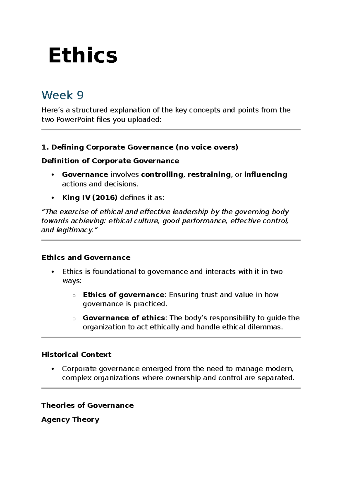 Ethics Week 9: Key Concepts in Corporate Governance and Ethics ...