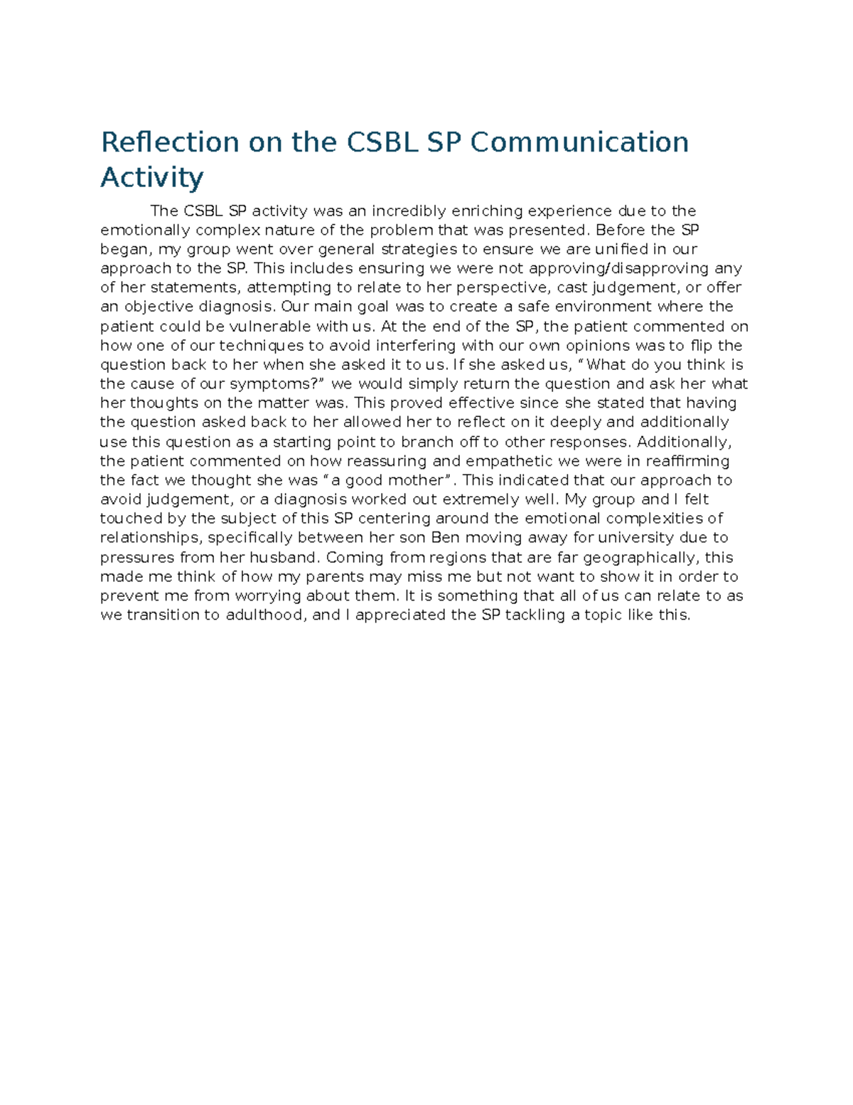 Reflection on the CSBL SP Communication Activity - Reflection on the ...