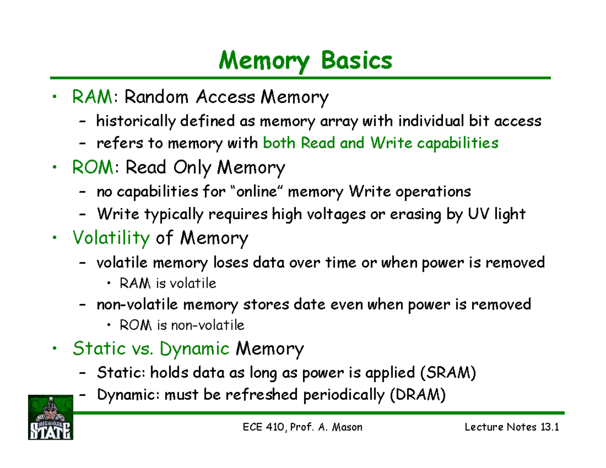 Memory basics - Memory Basics RAM: Random Access Memory – historically ...