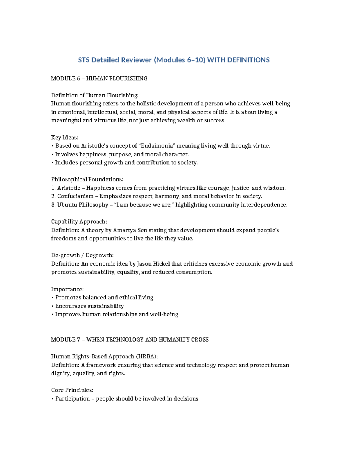 STS Modules 6-10 Detailed Review with Definitions on Human Flourishing ...