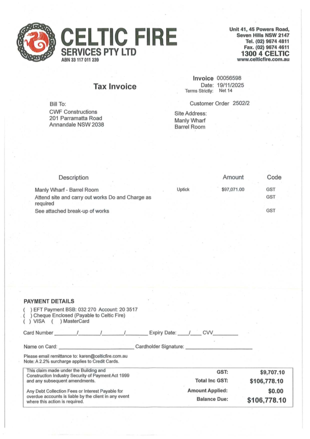 Celtic Fire Invoice - CWF Constructions - 27 Nov 2025 - Studocu