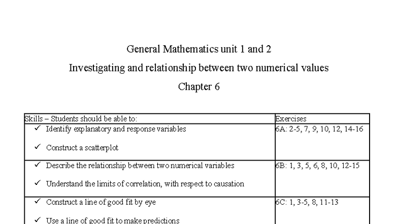 Bivariate Data Notes: General Mathematics Unit 1 & 2 - Chapter 6 Skills ...