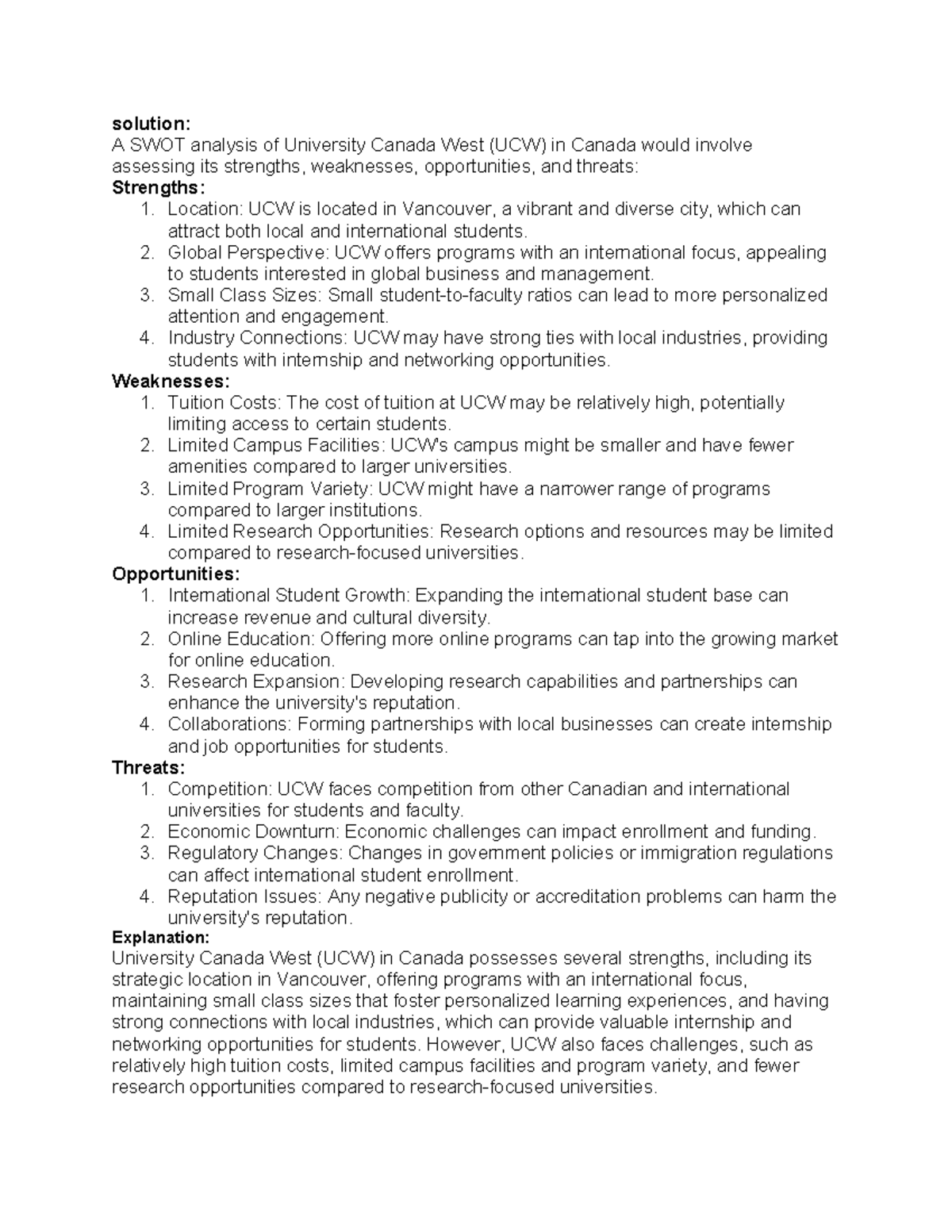 SWOT Analysis of UCW - Class Activity Overview - Studocu