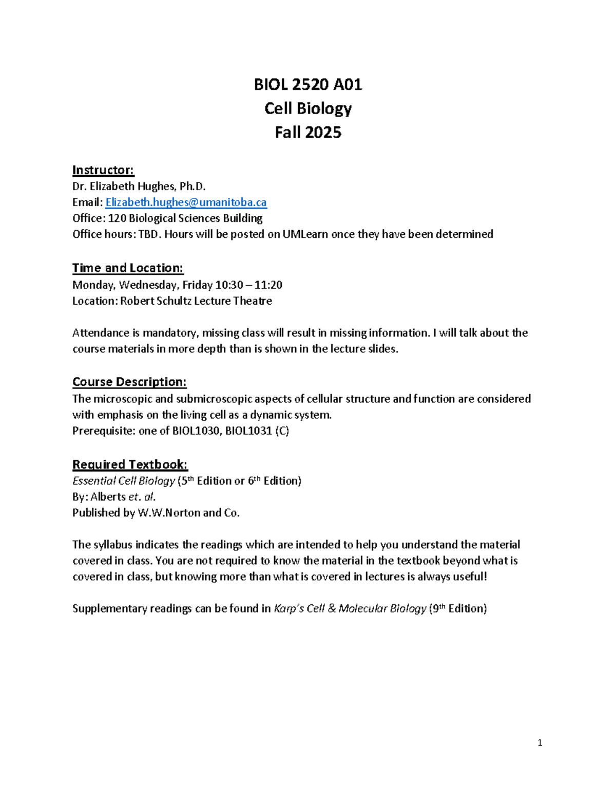 Course Syllabus for BIOL 2520 A01: Cell Biology Fall 2025 - Studocu