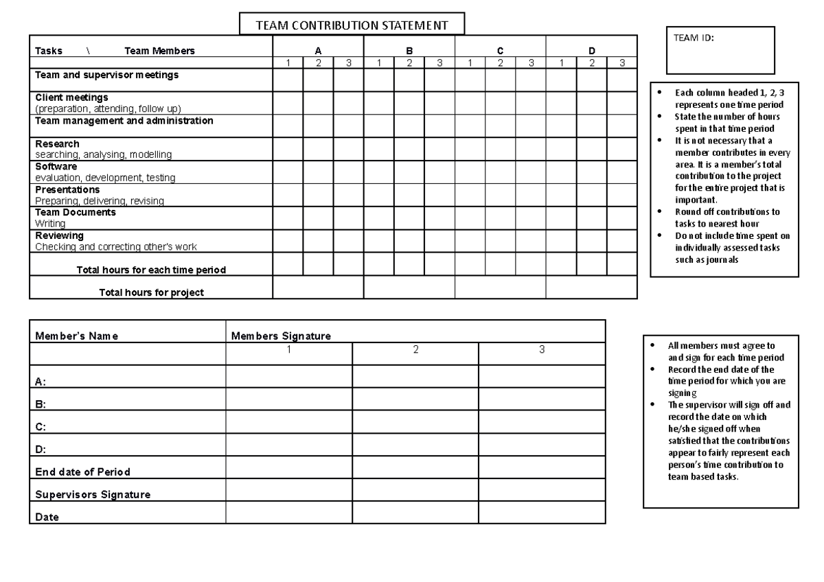 Team Member Contribution Statement - Project Hours Tracking - Studocu