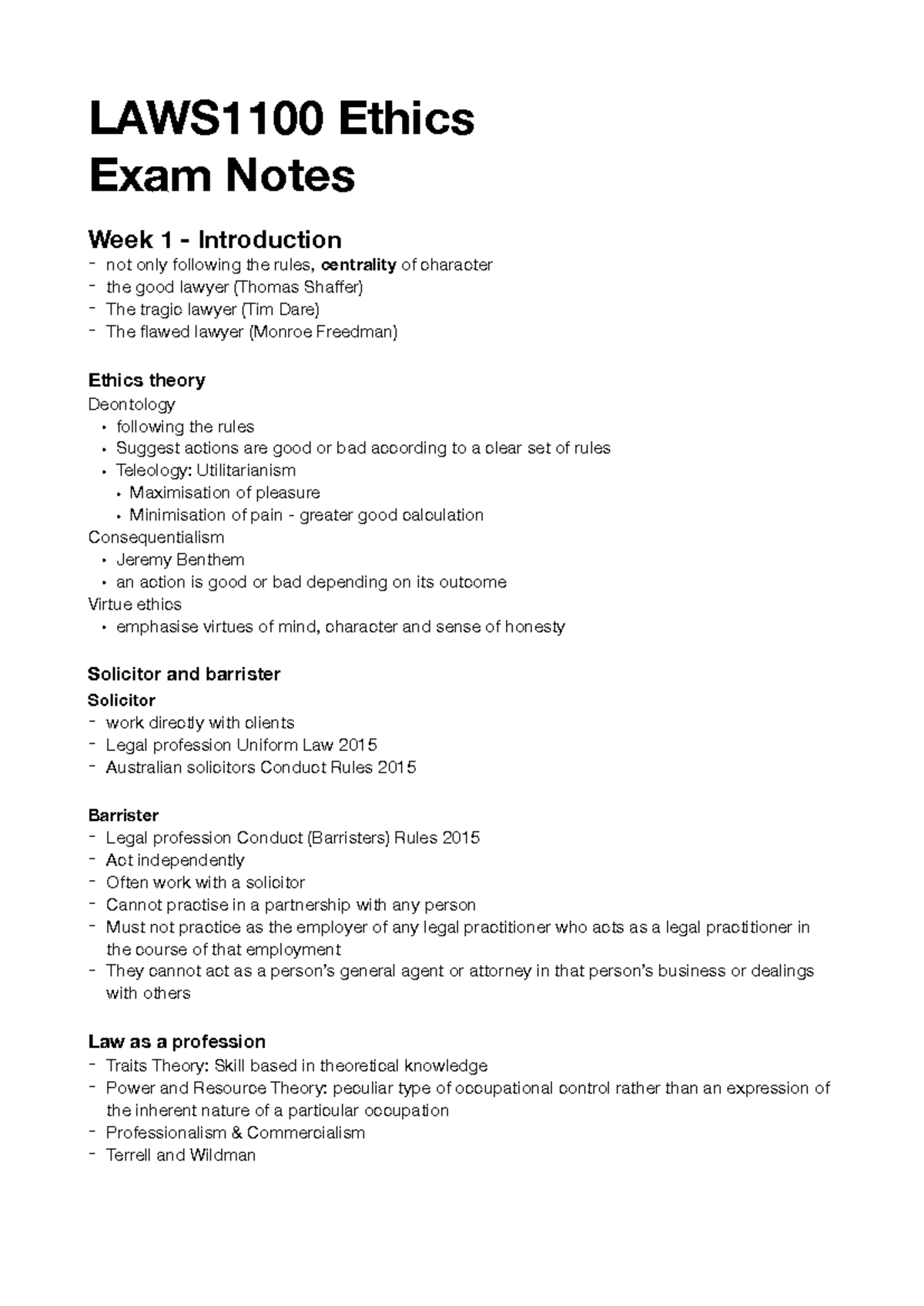 LAWS1100 Final Exam Ethics Notes and Key Concepts - Studocu